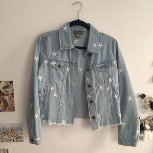 Star Crop Denim Jacket Frayed Hem